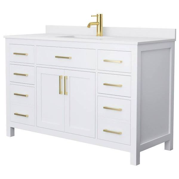 Wyndham Beckett 54" White Single Vanity, White Marble Top, Gold Trim