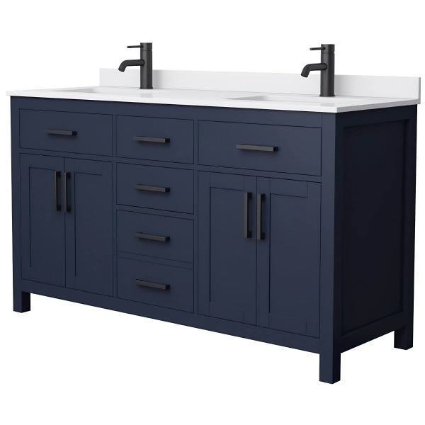 Wyndham Beckett 60" Dark Blue Double Vanity, White Marble Top, Black Trim