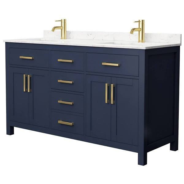 Wyndham Beckett 60" Dark Blue Double Vanity, Carrara Marble Top