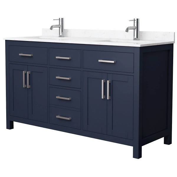 Wyndham Beckett 60" Dark Blue Double Vanity, Carrara Marble Top, Nickel Trim