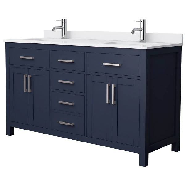 Wyndham Beckett 60" Dark Blue Double Vanity, White Marble Top, Nickel Trim