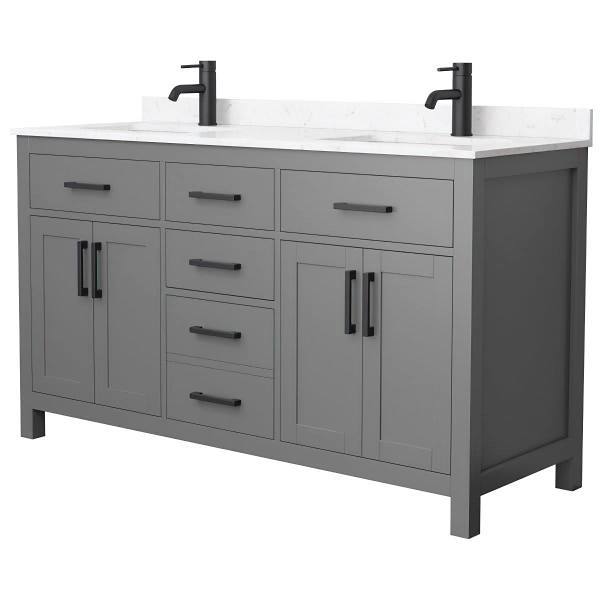 Wyndham Beckett 60" Dark Gray Double Vanity, Carrara Marble Top, Black Trim