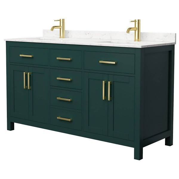 Wyndham Beckett 60" Green Double Vanity, Carrara Marble Top, Gold Trim