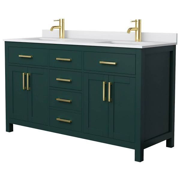 Wyndham Beckett 60" Green Double Vanity, White Marble Top, Gold Trim