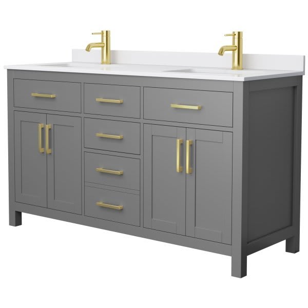 Wyndham Beckett 60" Dark Gray Double Vanity, White Marble Top, Gold Trim