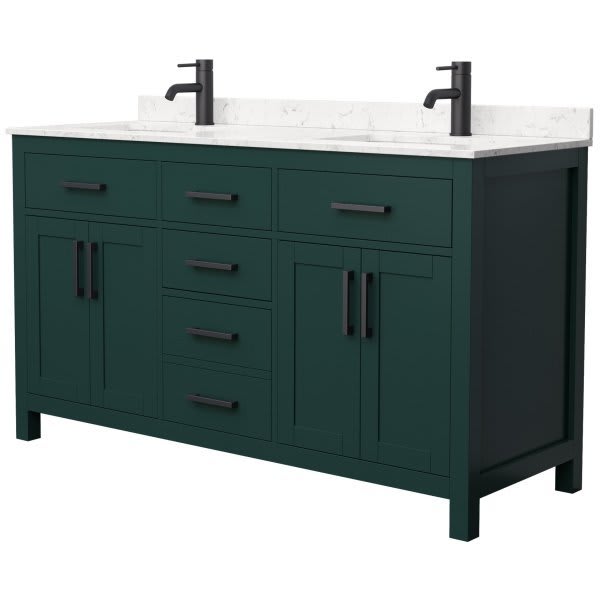 Wyndham Beckett 60" Green Double Vanity, Carrara Marble Top, Black Trim