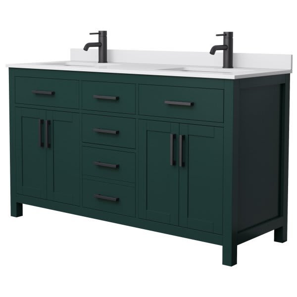 Wyndham Beckett 60" Green Double Vanity, White Marble Top, Black Trim
