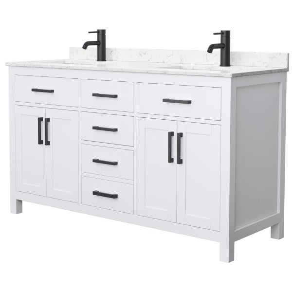 Wyndham Beckett 60" White Double Vanity, Carrara Marble Top,black Trim