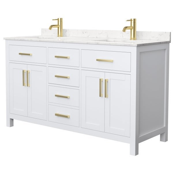 Wyndham Beckett 60" White Double Vanity, Carrara Marble Top, Gold Trim