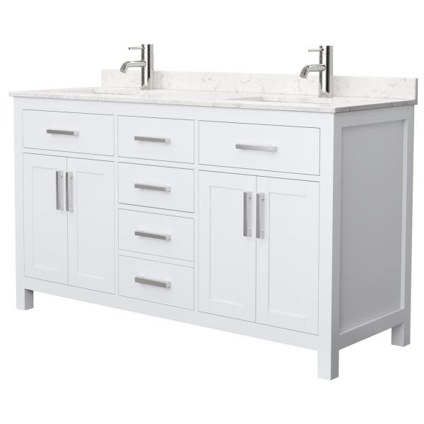 Wyndham Beckett 60" White Double Vanity, Carrara Marble Top
