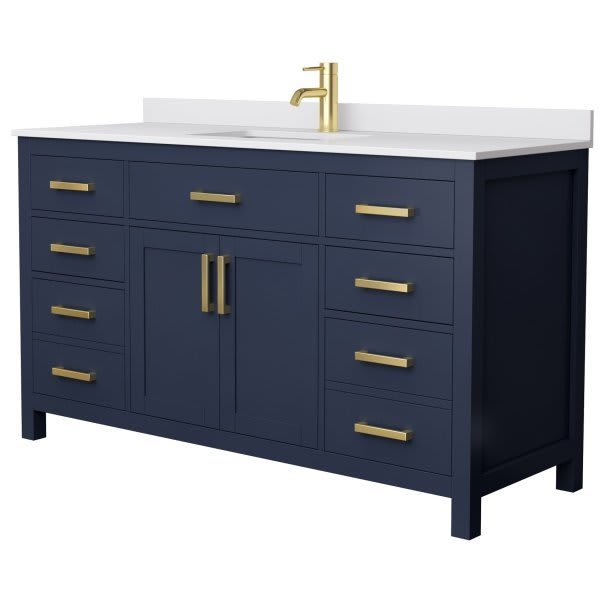 Wyndham Beckett 60" Dark Blue Single Vanity, White Marble Top