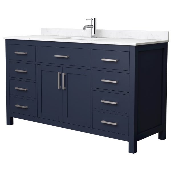 Wyndham Beckett 60" Dark Blue Single Vanity, Carrara Marble Top, Nickel Trim