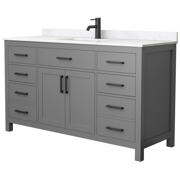 Wyndham Beckett 60" Dark Gray Single Vanity, Carrara Marble Top, Black Trim