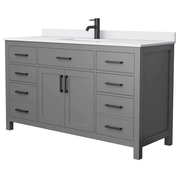 Wyndham Beckett 60" Dark Gray Single Vanity, White Marble Top, Black Trim
