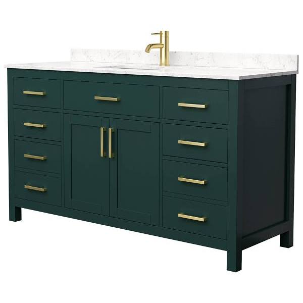 Wyndham Beckett 60" Green Single Vanity, Carrara Marble Top, Gold Trim