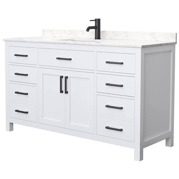 Wyndham Beckett 60" White Single Vanity, Carrara Marble Top, Black Trim