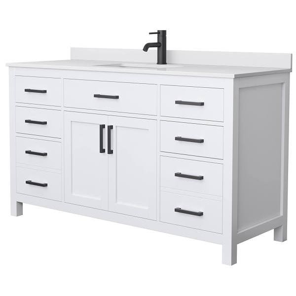 Wyndham Beckett 60" White Single Vanity, White Marble Top, Black Trim