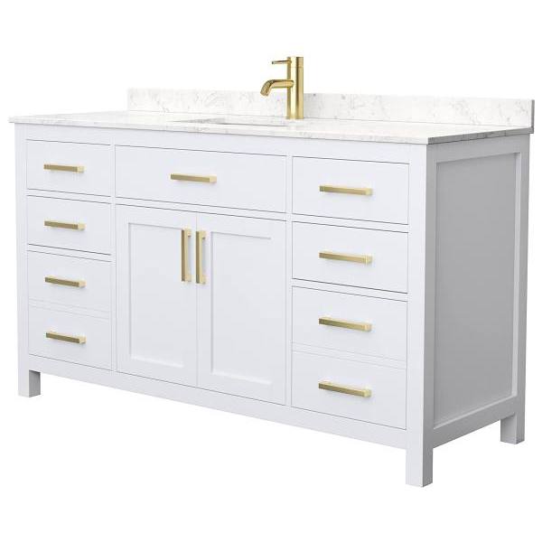 Wyndham Beckett 60" White Single Vanity, Carrara Marble Top, Gold Trim