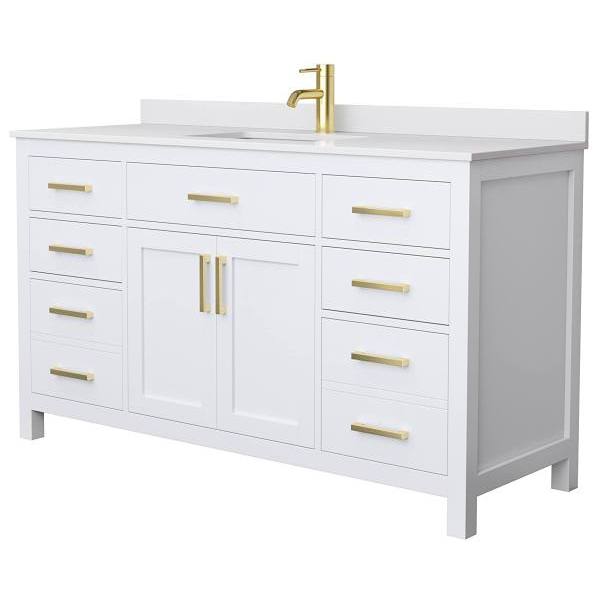 Wyndham Beckett 60" White Single Vanity, White Marble Top, Gold Trim