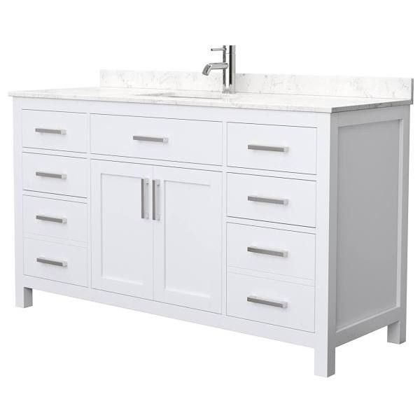 Wyndham Beckett 60" White Single Vanity, Carrara Marble Top