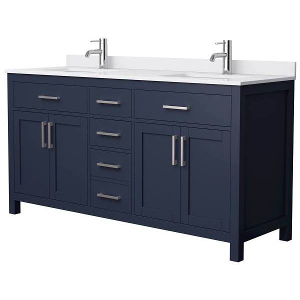 Wyndham Beckett 66" Dark Blue Double Vanity, White Marble Top, Nickel Trim