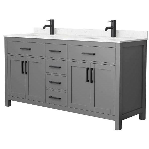 Wyndham Beckett 66" Dark Gray Double Vanity, Carrara Marble Top, Black Trim