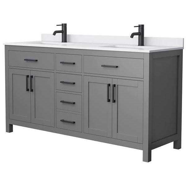 Wyndham Beckett 66" Dark Gray Double Vanity, White Marble Top, Black Trim