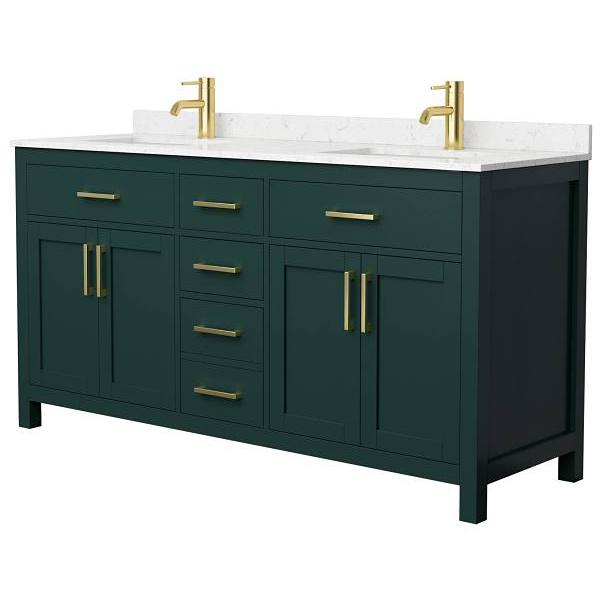 Wyndham Beckett 66" Green Double Vanity, Carrara Marble Top, Gold Trim