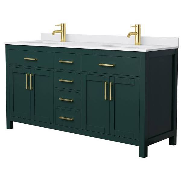 Wyndham Beckett 66" Green Double Vanity, White Marble Top, Gold Trim
