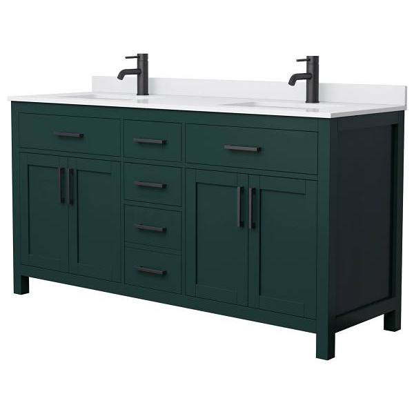 Wyndham Beckett 66" Green Double Vanity, White Marble Top, Black Trim