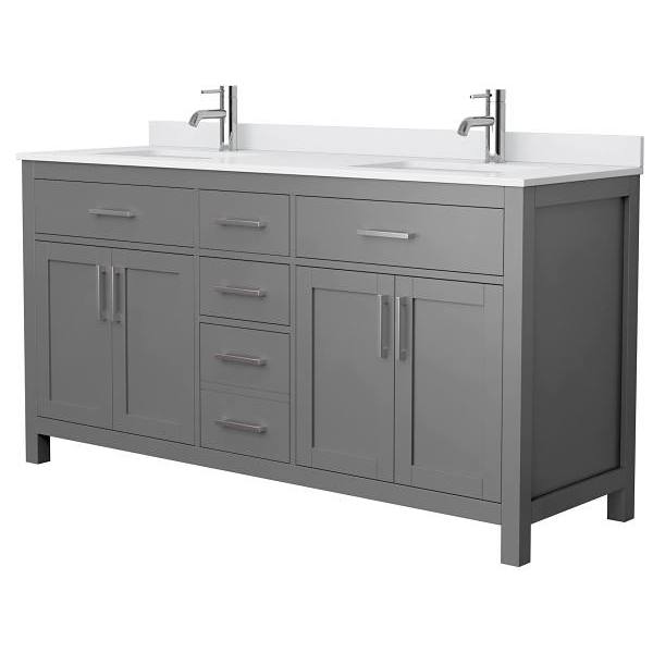 Wyndham Beckett 66" Dark Gray Double Vanity, White Marble Top