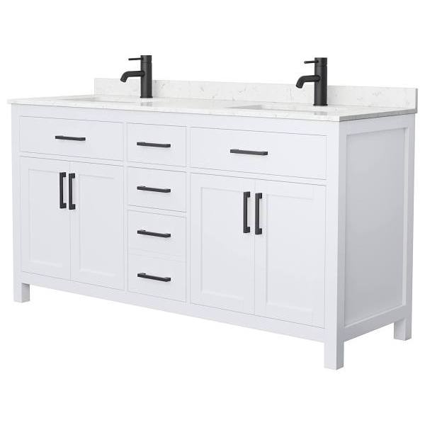 Wyndham Beckett 66" White Double Vanity, Carrara Marble Top,black Trim