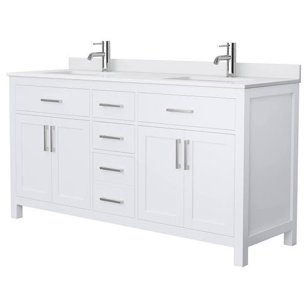 Wyndham Beckett 66" White Double Vanity, White Marble Top