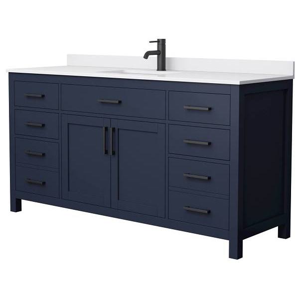 Wyndham Beckett 66" Dark Blue Single Vanity, White Marble Top, Black Trim