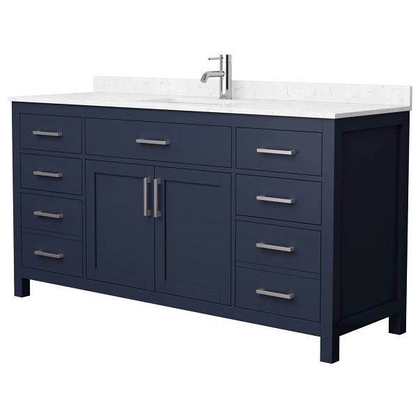 Wyndham Beckett 66" Dark Blue Single Vanity, Carrara Marble Top, Nickel Trim