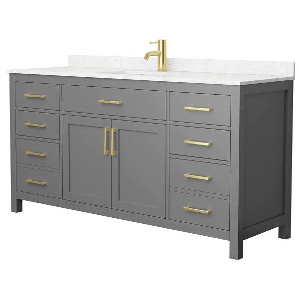 Wyndham Beckett 66" Dark Gray Single Vanity, Carrara Marble Top, Gold Trim