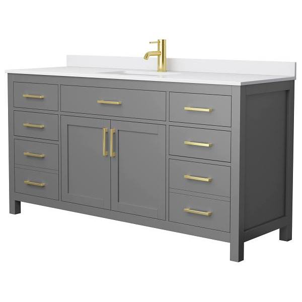 Wyndham Beckett 66" Dark Gray Single Vanity, White Marble Top, Gold Trim