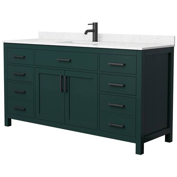 Wyndham Beckett 66" Green Single Vanity, Carrara Marble Top, Black Trim