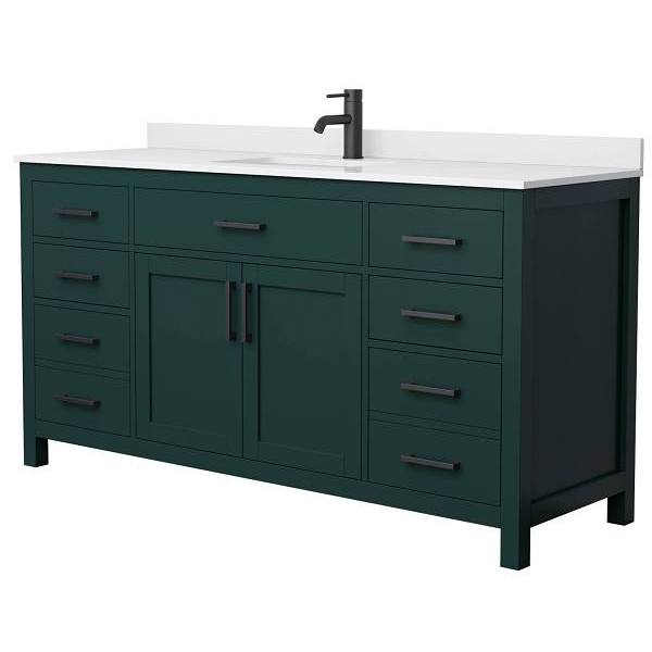 Wyndham Beckett 66" Green Single Vanity, White Marble Top, Black Trim