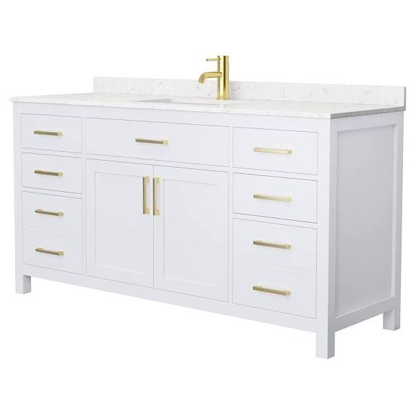 Wyndham Beckett 66" White Single Vanity, Carrara Marble Top, Gold Trim