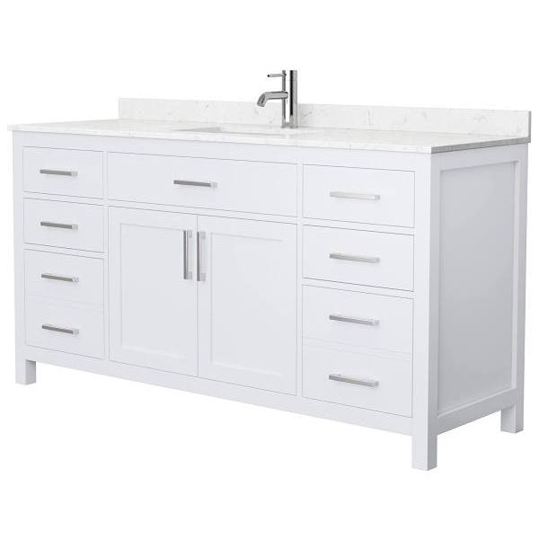 Wyndham Beckett 66" White Single Vanity, Carrara Marble Top