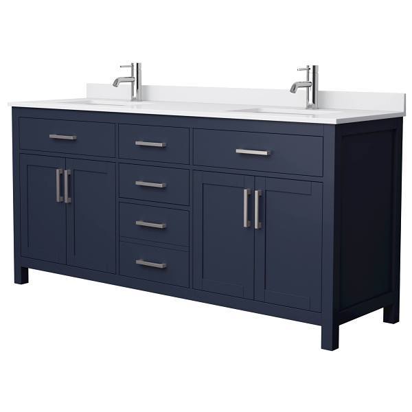 Wyndham Beckett 72" Dark Blue Double Vanity, White Marble Top, Nickel Trim