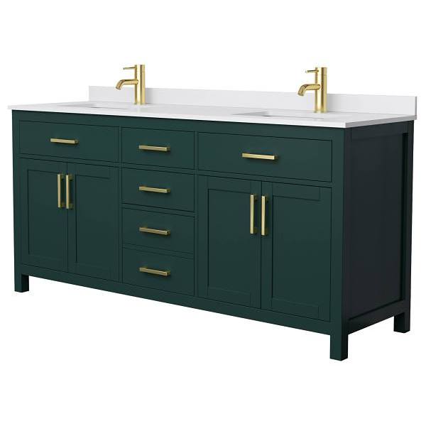 Wyndham Beckett 72" Green Double Vanity, White Marble Top, Gold Trim
