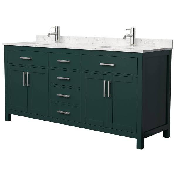 Wyndham Beckett 72" Green Double Vanity, Carrara Marble Top, Nickel Trim