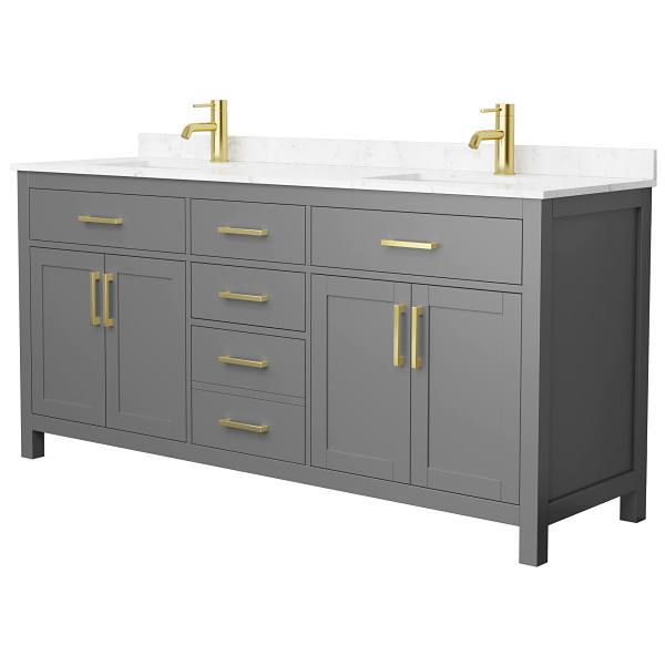 Wyndham Beckett 72" Dark Gray Double Vanity, Carrara Marble Top, Gold Trim