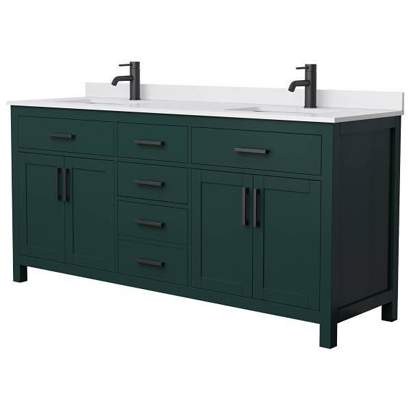 Wyndham Beckett 72" Green Double Vanity, White Marble Top, Black Trim