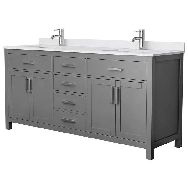 Wyndham Beckett 72" Dark Gray Double Vanity, White Marble Top