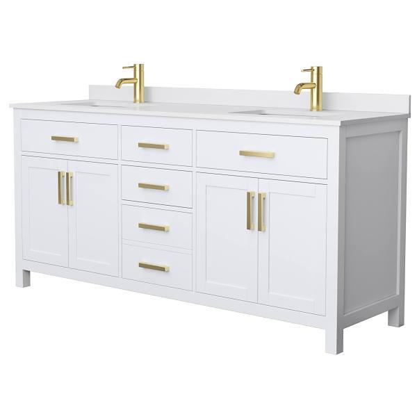 Wyndham Beckett 72" White Double Vanity, White Marble Top, Gold Trim
