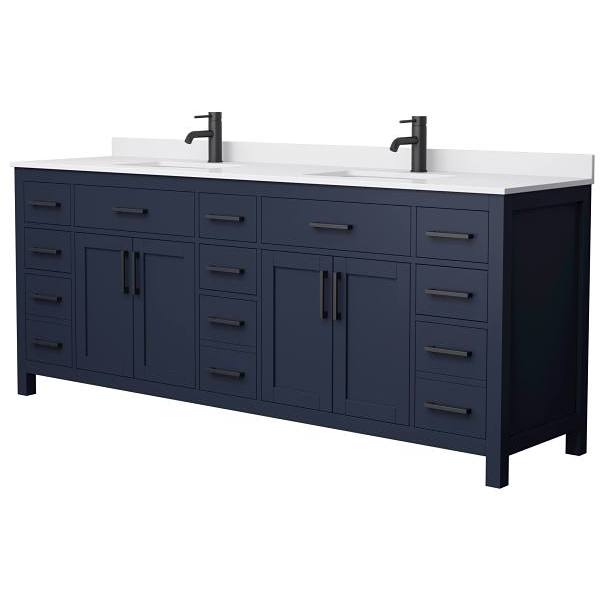 Wyndham Beckett 84" Dark Blue Double Vanity, White Marble Top, Black Trim