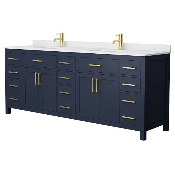 Wyndham Beckett 84" Dark Blue Double Vanity, White Marble Top